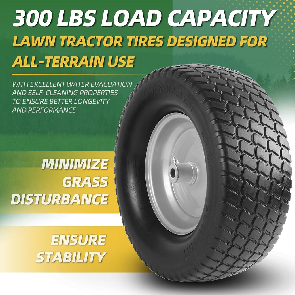 AR-PRO (2-Pack) 16x6.50-8 Flat-Free Tire and Wheel Assemblies, Relacement 16x6.5-8 Solid Turf Tire with Rim for Garden Tractor Riding Lawn Mowers, 3" Offset Hub and 3/4" Bushings