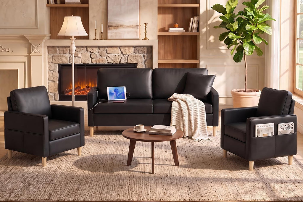 TYBOATLE Black Faux Leather Loveseat Sofa and Accent Chair Set of 2 (3)