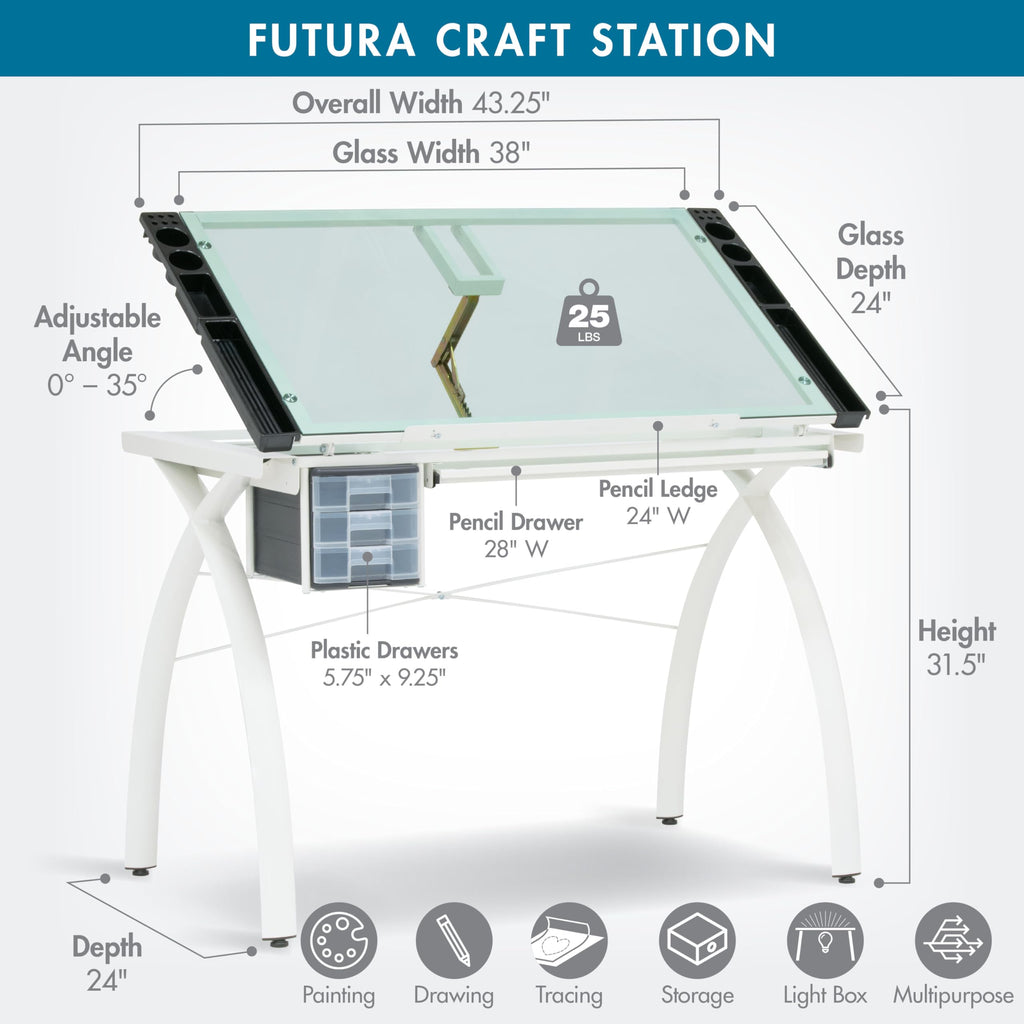 SD Studio Designs 10096 Futura Station with Folding Shelf Top Adjustable Drafting Craft Drawing Hobby Table Writing Studio Desk with Drawer, 35.5'' W x 23.75'' D, White/Clear Glass