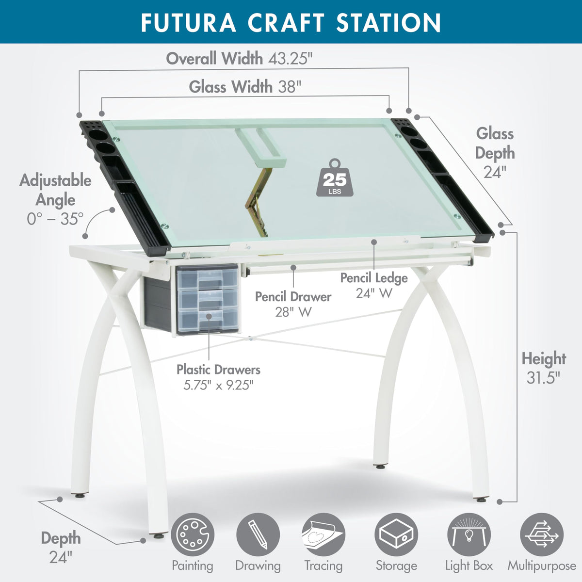 SD Studio Designs 10096 Futura Station with Folding Shelf Top Adjustable Drafting Craft Drawing Hobby Table Writing Studio Desk with Drawer, 35.5'' W x 23.75'' D, White/Clear Glass