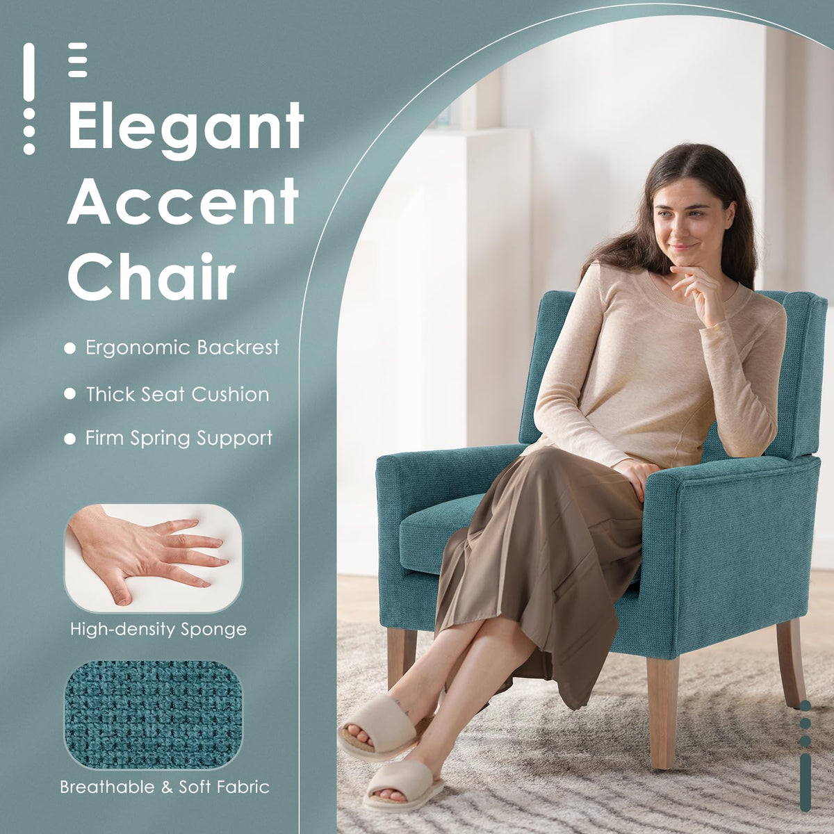 COLAMY Modern Wingback Living Room Chair, Upholstered Fabric Accent Armchair, Single Sofa Chair with Lounge Seat and Wood Legs for Office/Bedroom/Reading Spaces, Beige