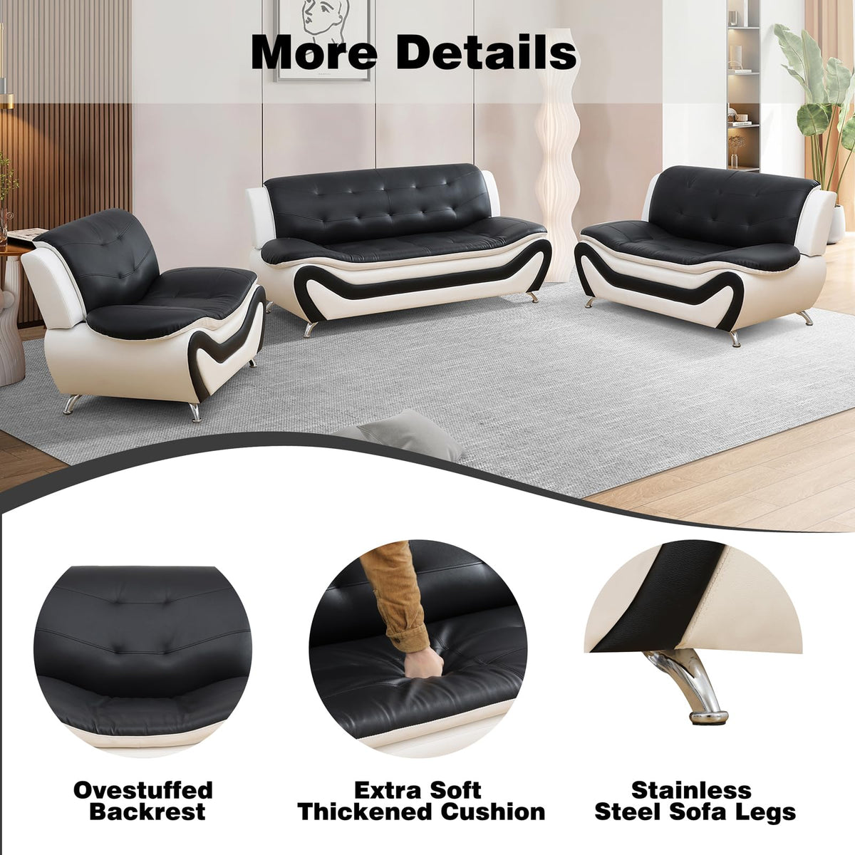 Modern Leather Sofa Set, Living Room Furniture, 3 - Piece Couch Set, Faux Leather Couch Loveseat Chair Set with Sturdy Legs for Living Room/Bedroom/Office,Black