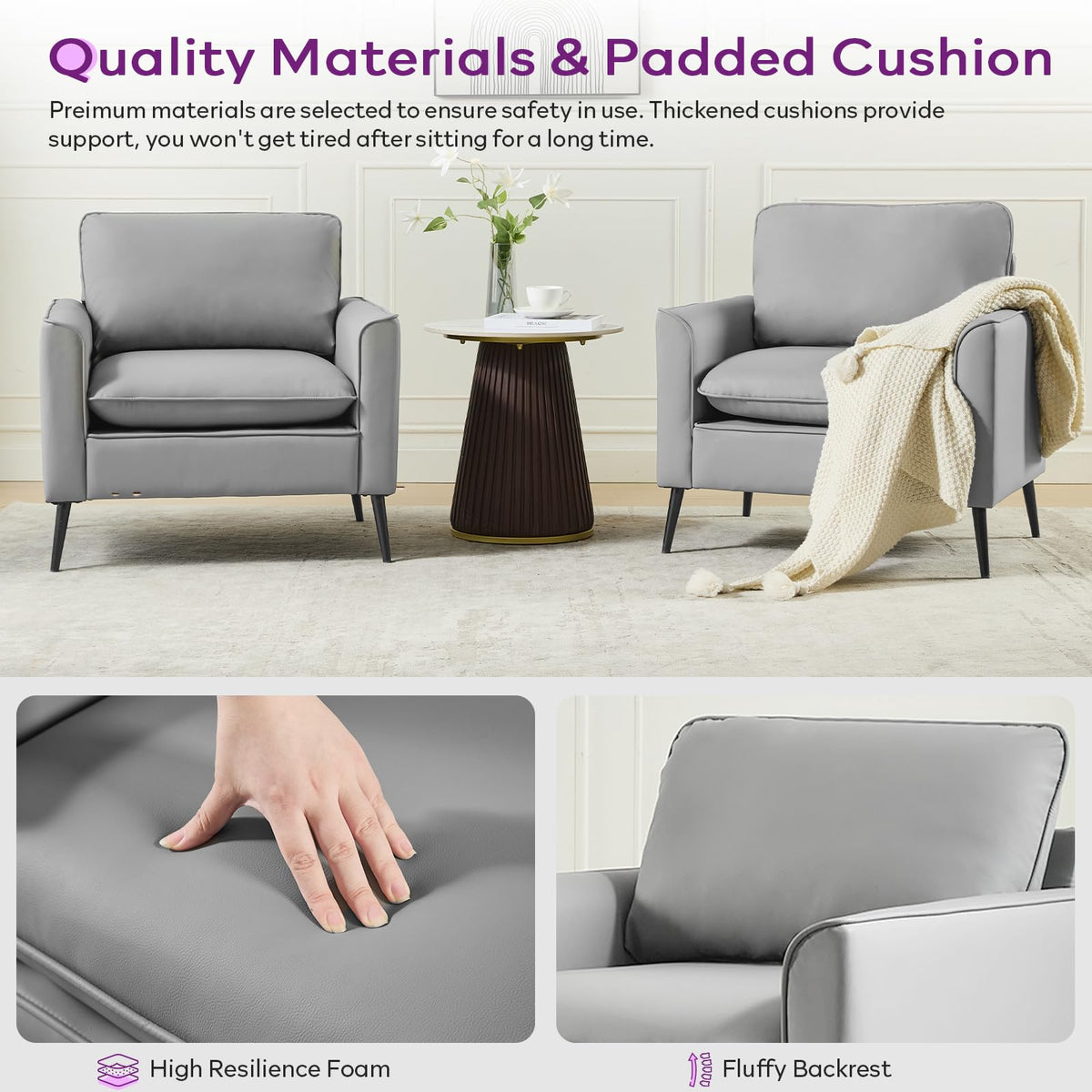 TYBOATLE Accent Chairs Set of 2, Faux Leather Arm Chairs (Grey, 2)