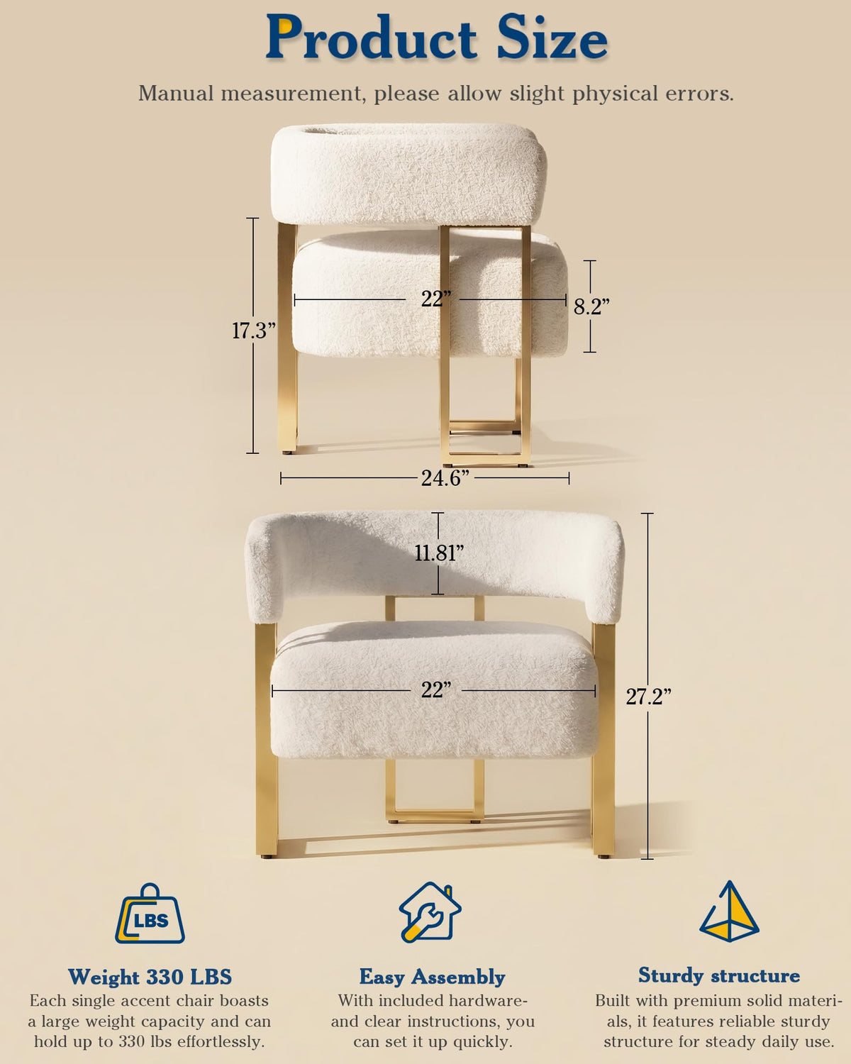 Mid Century Modern Accent Chair Set of 2, Barrel, White Boucle, Gold Leg