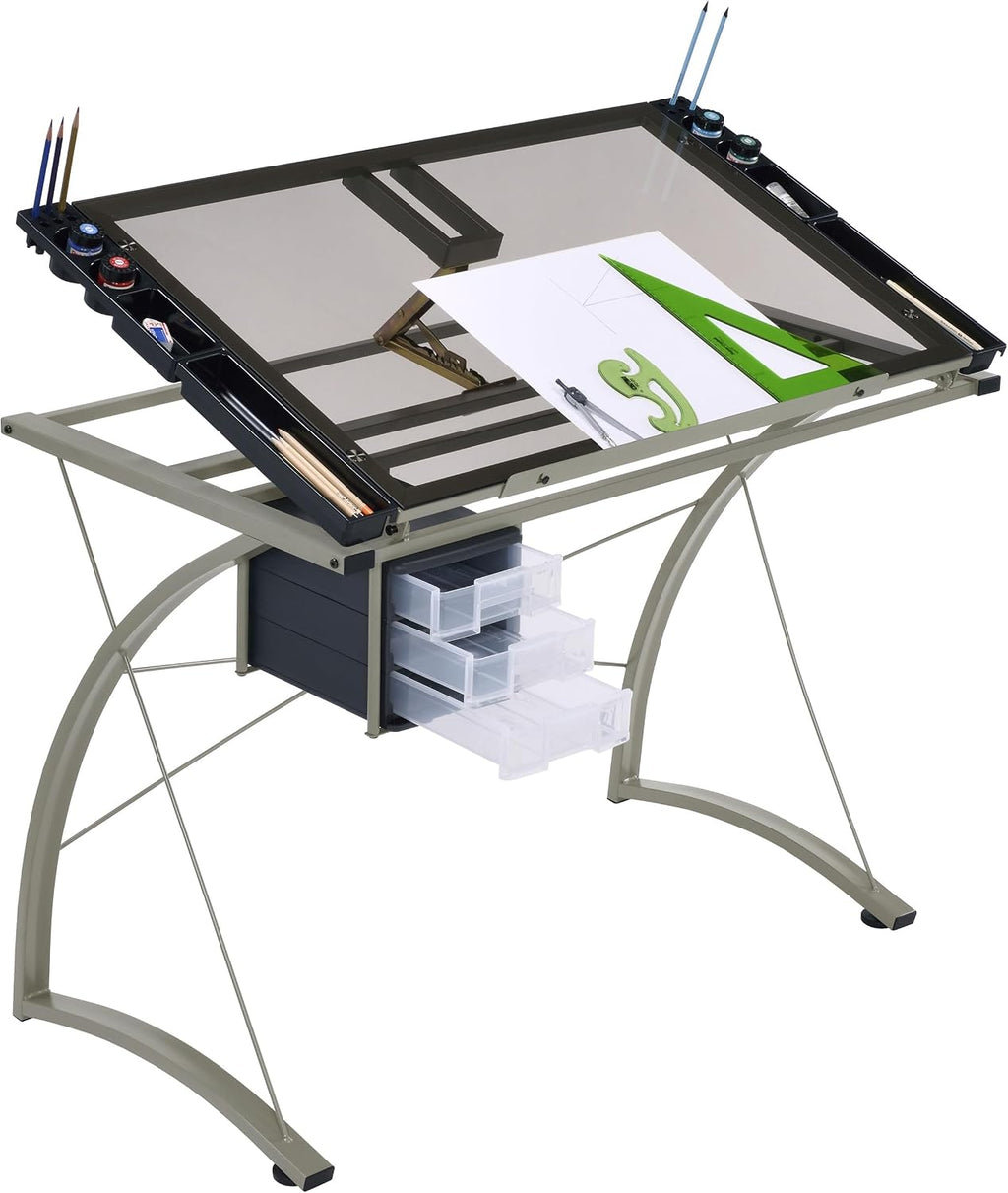 Coaster Home Furnishings - Melo - Metal and Glass - 41-Inch Drafting Table with Adjustable Pitch, Three Drawers, Retractable Pencil Ledge and Storage Compartments - Home Office - Silver - 800986