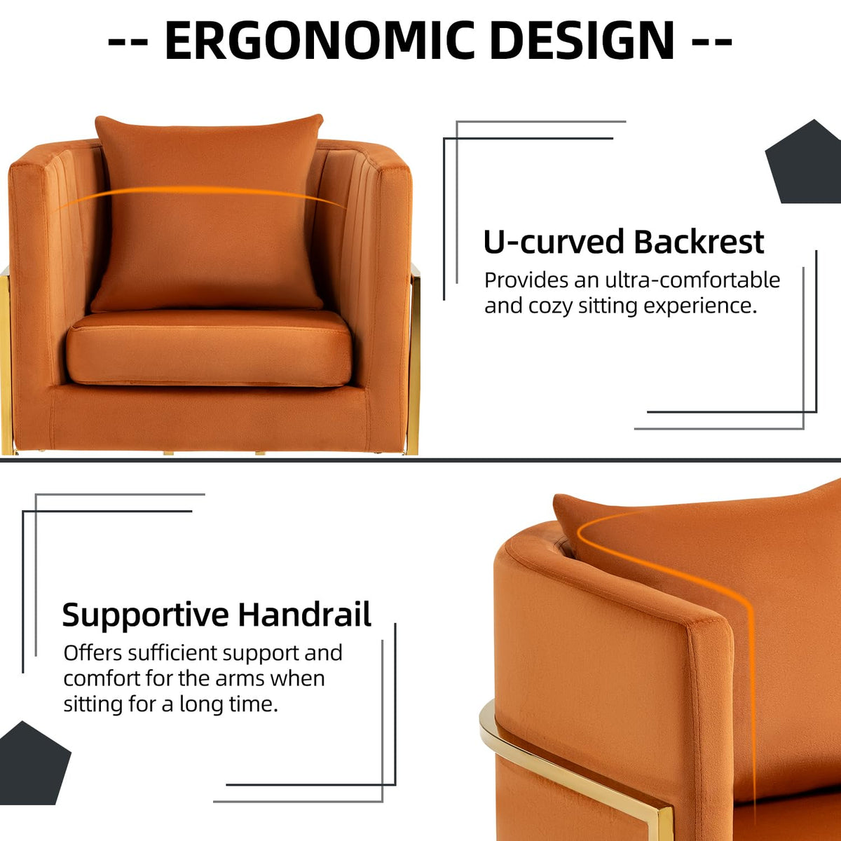 Velvet Accent Barrel Chairs Set of 2, Modern Arm Club Chair Set with Pillow for Living Room/Bedroom/Guest Reception, Channel Tufted, Gold Finish Base, Orange