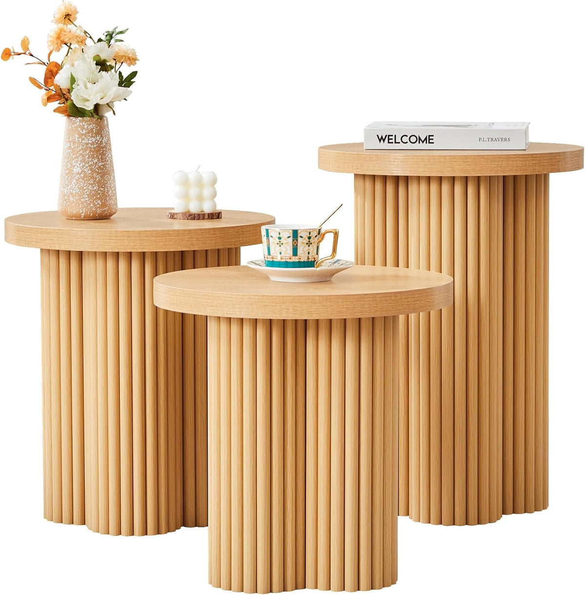 Round Nesting Coffee Table Set of 3 Fluted Coffee Table (Natural)