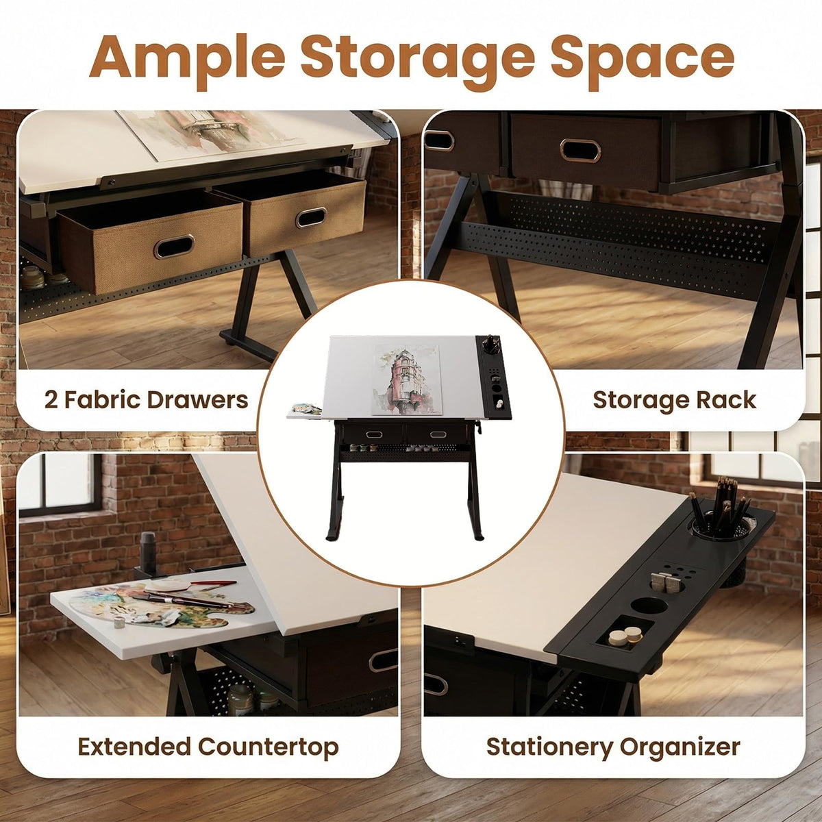 Drafting Table with Stool Height Adjustable Art Craft Desk with Storage, Tilting MDF Tabletop, Expansion Board, Drawing Table for Home Office, Artists, Painters (Rustic Brown)