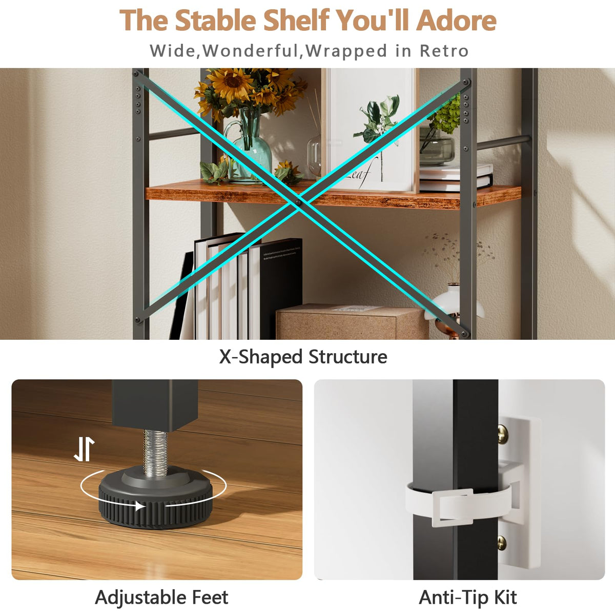 Furologee 5 Tier Book Shelf Set of 2, Tall Wide Bookshelf, Rustic Brown