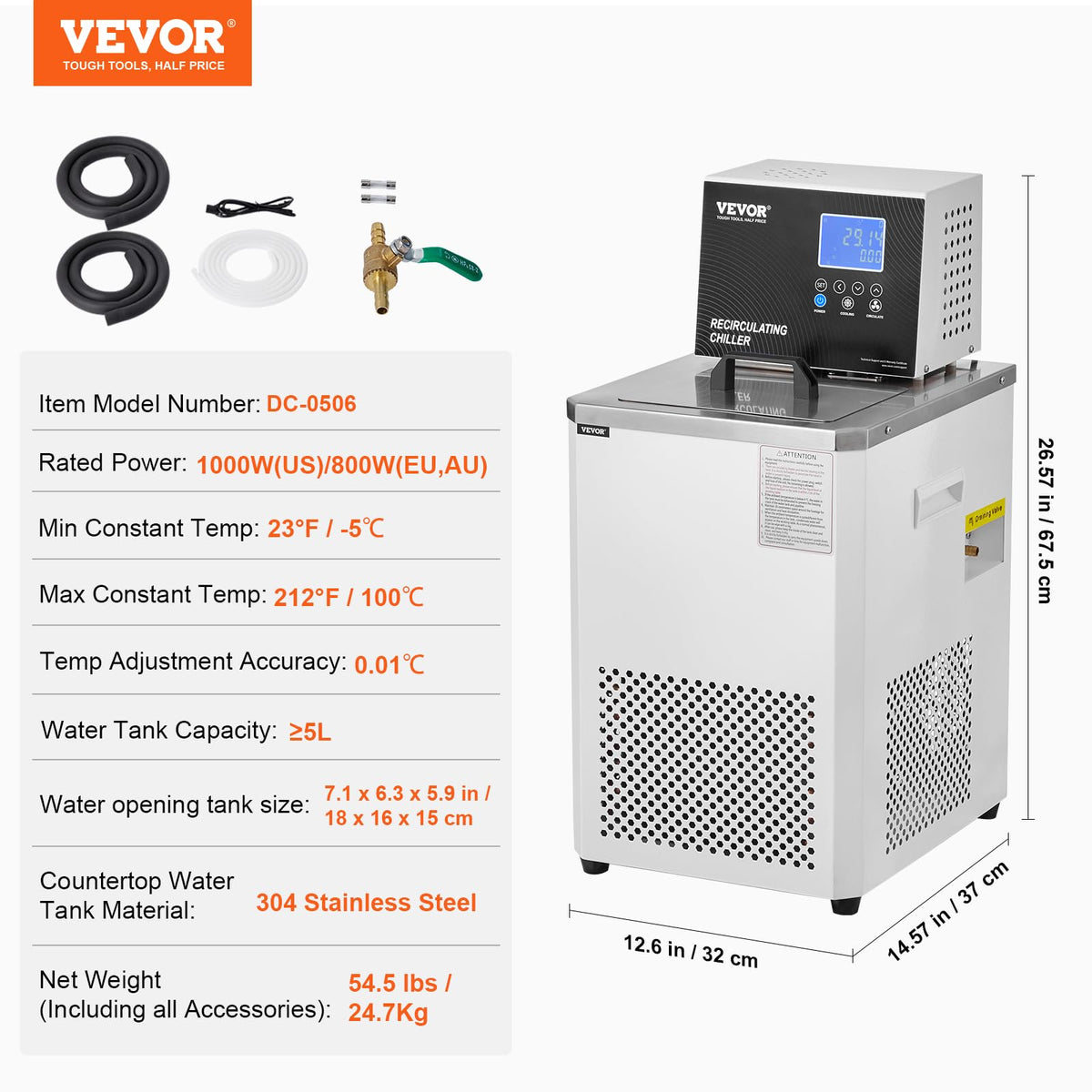 VEVOR Laboratory Chiller Circulator, -20â ~100â Circulator Pump Chiller, 6L Chiller Lab Low Temperature Cooling Liquid, LCD Display, 304 Stainless Steel Water Bath Recirculating Water Cooling