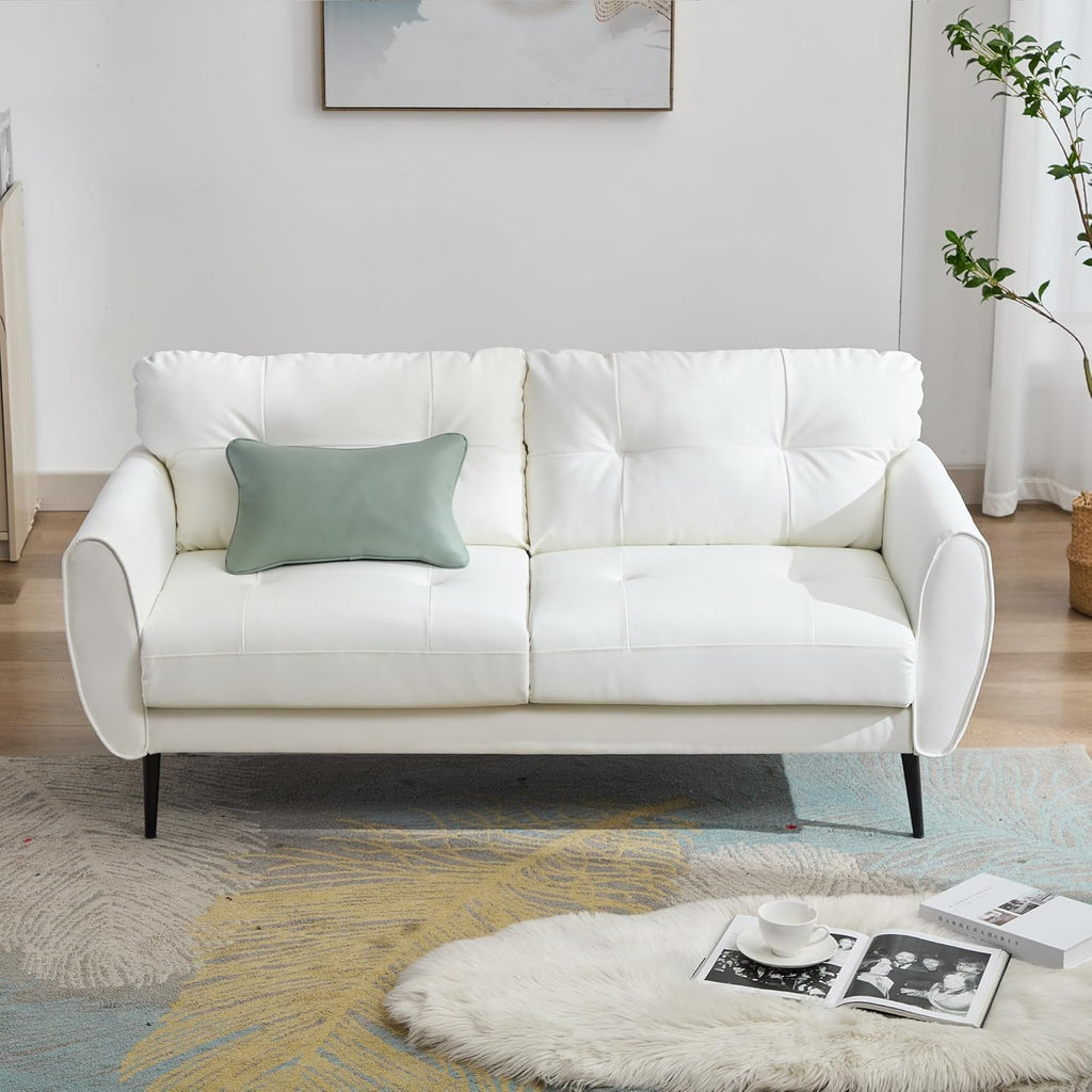 TYBOATLE 2 Piece Furniture Sets, Small Loveseat for Living Room, White Faux Leather Couch Mid Century Modern Tufted Mini Sofa Comfy Office 2 Seat Love Seat for Small Spaces Bedroom