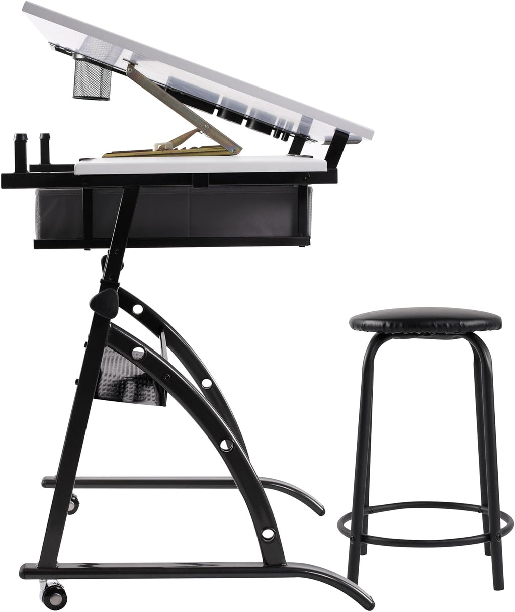 SD Studio Designs Core 2 Pc Craft Center - 35.5" W Angle Adjustable Drafting Table with Cloth Drawers, Side Shelf and Stool