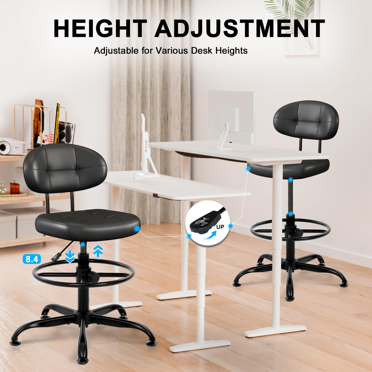 Misolant Drafting Chair, Armless Tall Office Chair with Footrest Ring for Standing Desk, Small Faux Leather Executive Computer Chair with Adjustable Height for Bar Lab Counter Height Desk, Green