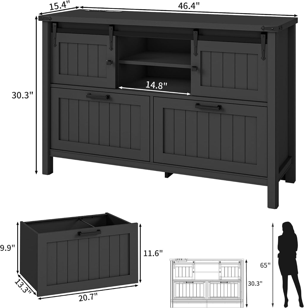 Farmhouse 3-Piece Home Office Set â 46" Wide 2-Drawer Lateral File Cabinet with Power Outlets & USB, Two 71" Tall 5-Tier Bookcases with Adjustable Shelves & Anti-Tip Kit, Black