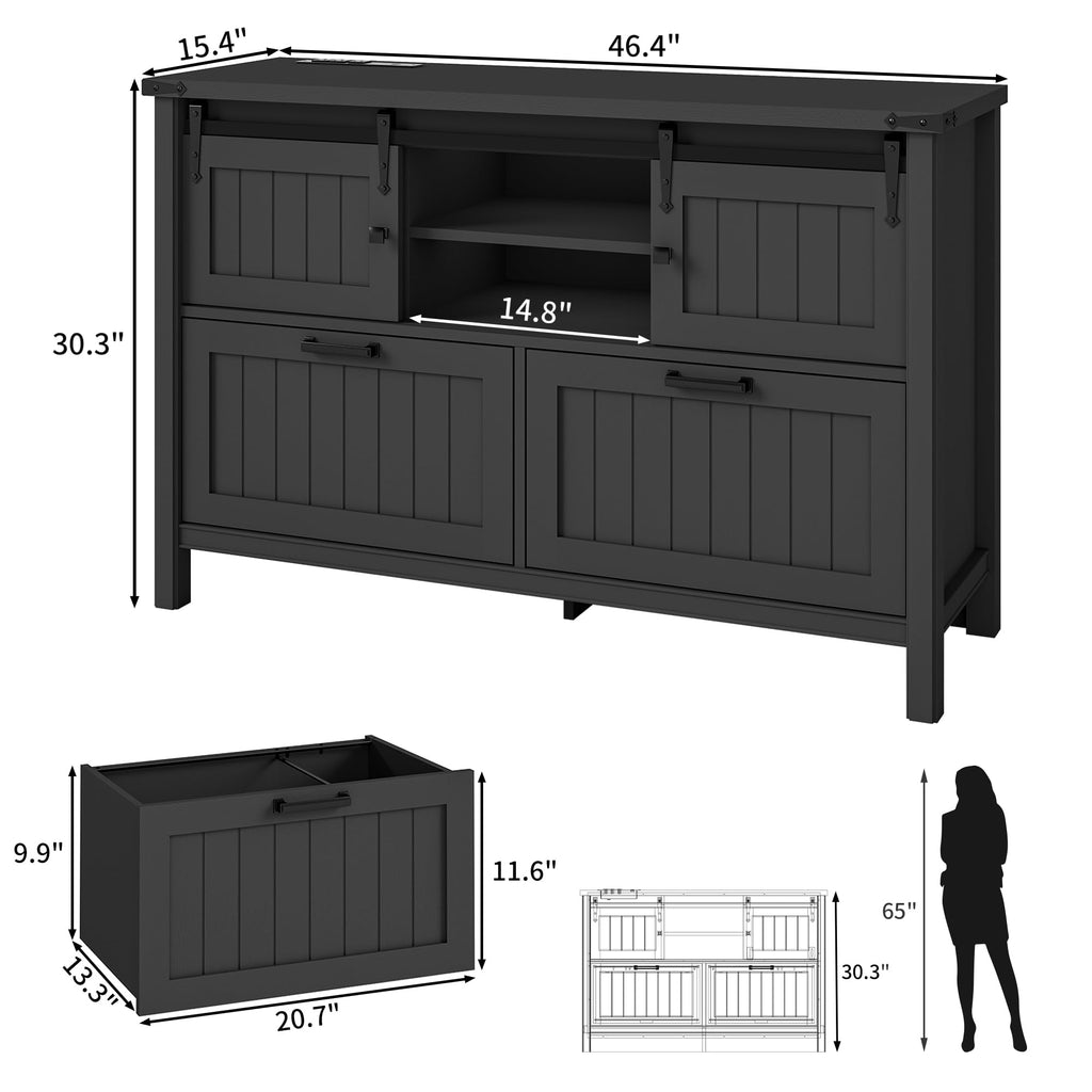 Farmhouse 3-Piece Home Office Set â 46" Wide 2-Drawer Lateral File Cabinet with Power Outlets & USB, Two 71" Tall 5-Tier Bookcases with Adjustable Shelves & Anti-Tip Kit, Black