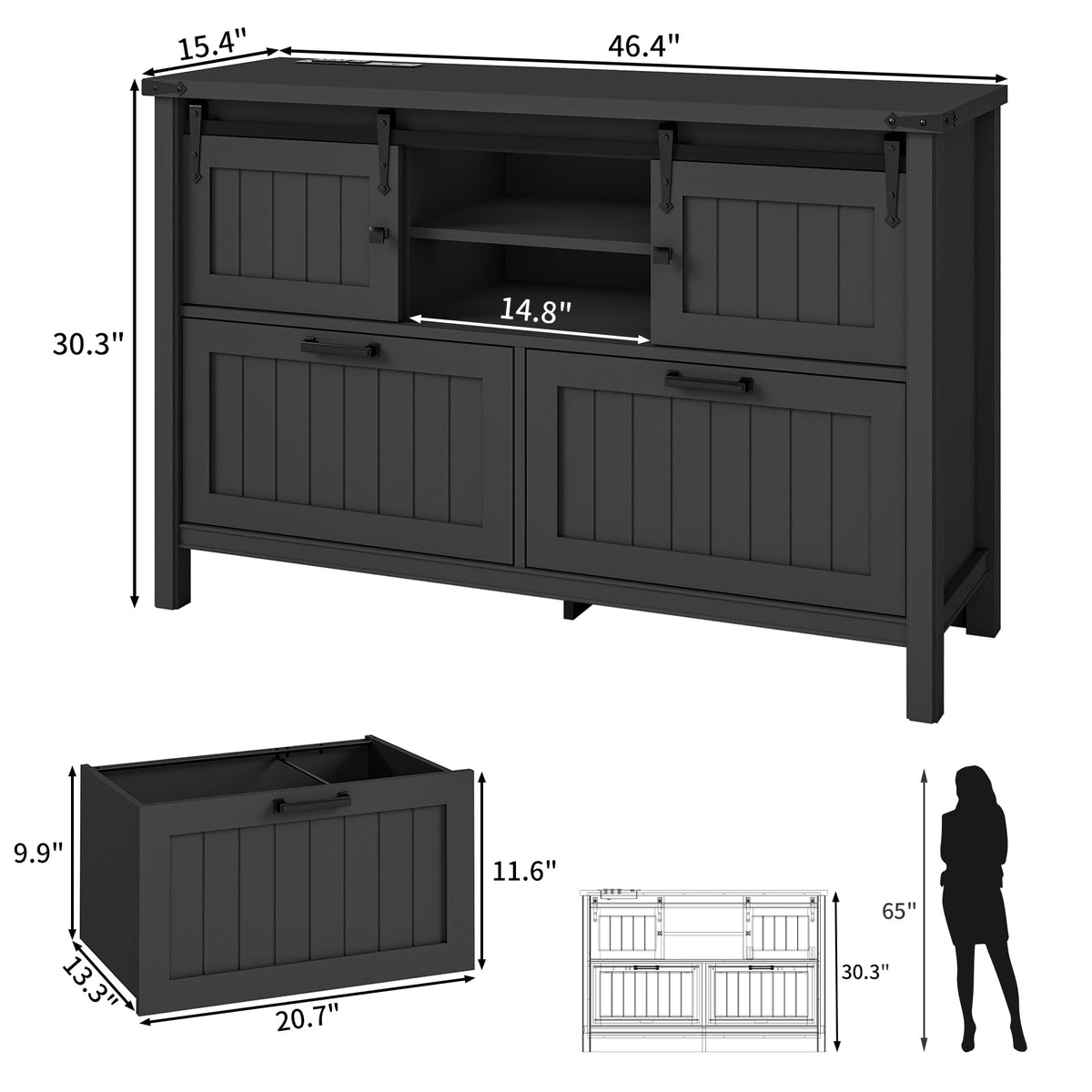 Farmhouse 3-Piece Home Office Set â 46" Wide 2-Drawer Lateral File Cabinet with Power Outlets & USB, Two 71" Tall 5-Tier Bookcases with Adjustable Shelves & Anti-Tip Kit, Black