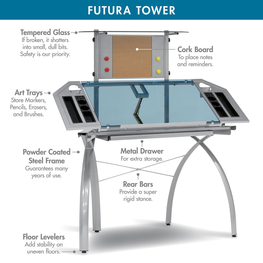 SD STUDIO DESIGNS Futura LS WorkCenter with Tilt Top Adjustable Drafting Table Craft Table Drawing Desk Hobby Table Writing Desk Studio Desk, Silver / Blue Glass