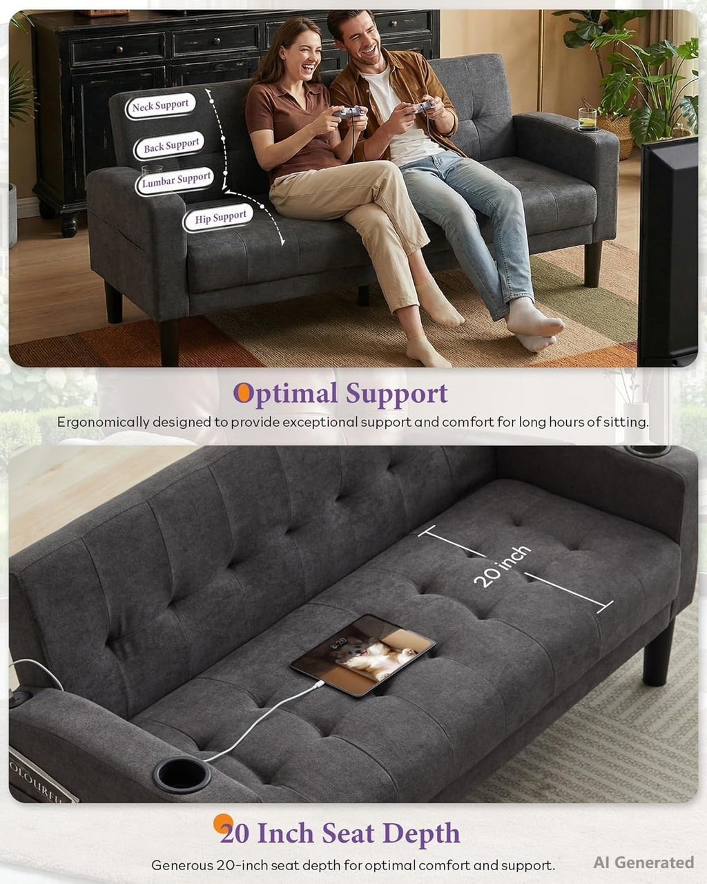 TYBOATLE Living Room Set, PU Leather Couch and Chairs w/USB & Type-C Ports