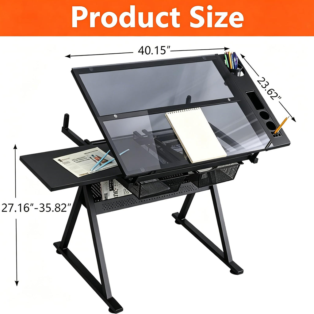 Drafting Table with 2 Metal Storage Drawers & Stool for Adult Teen, Red