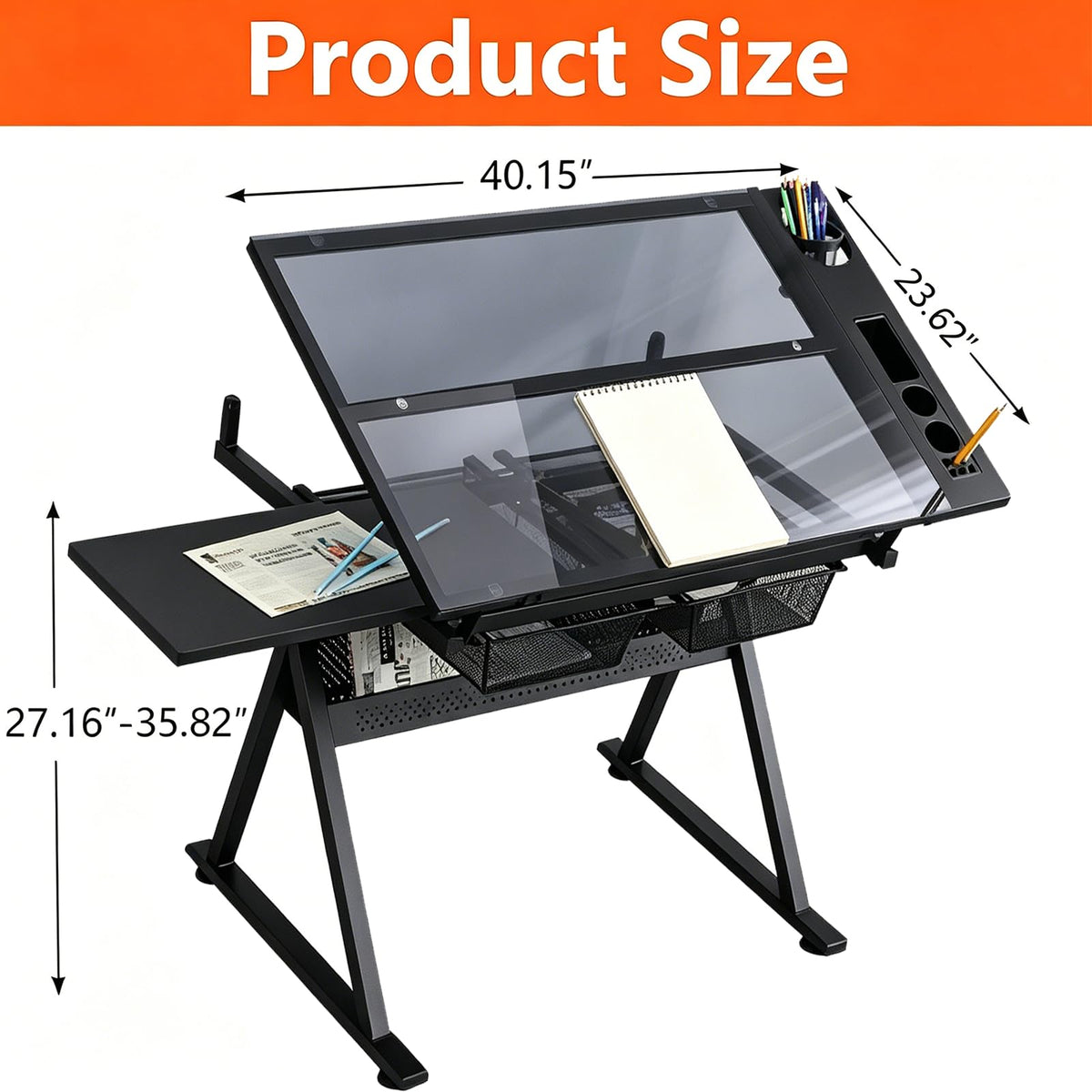 Drafting Table with 2 Metal Storage Drawers & Stool for Adult Teen, Red
