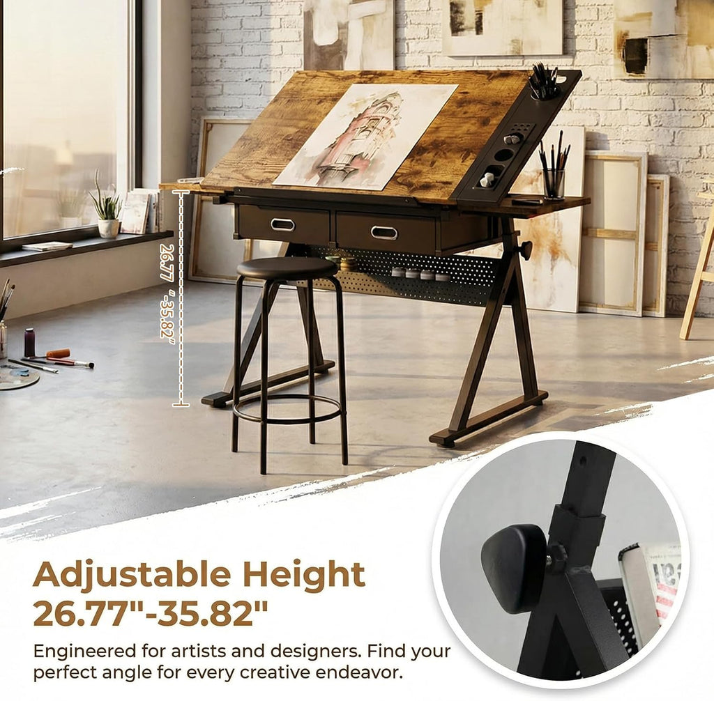 Drafting Table with Stool Height Adjustable Art Craft Desk with Storage, Tilting MDF Tabletop, Expansion Board, Drawing Table for Home Office, Artists, Painters (Rustic Brown)