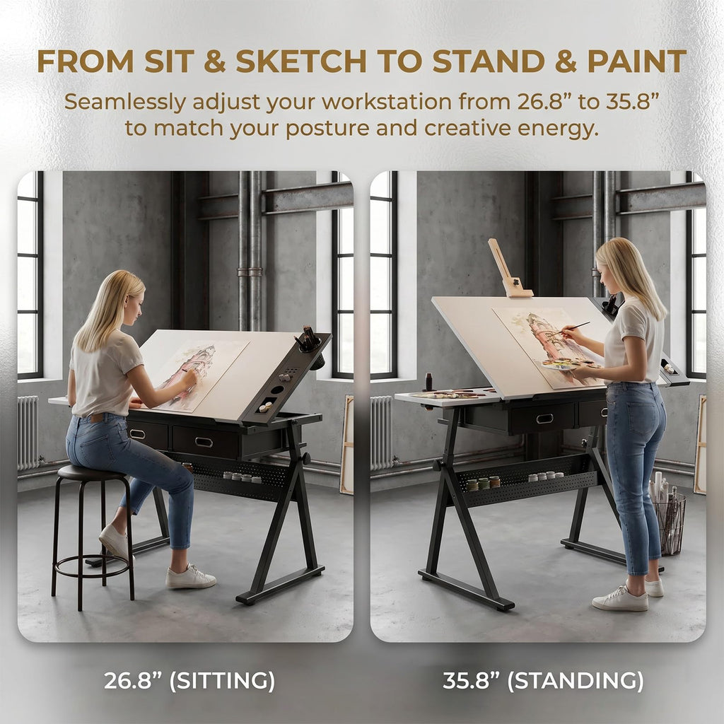 Height Adjustable Drafting Table w/Stool, Painting Table Art Craft Desk Crafting Drawing Desk with Tilting Tabletop, 2 Storage Drawers for Artist Painters (Rustic Brown)