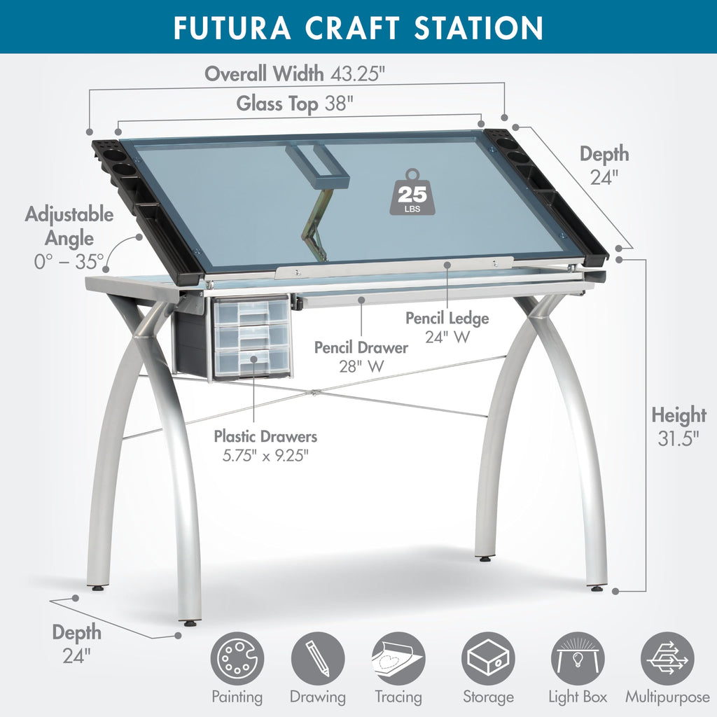 SD Studio Designs 10096 Futura Station with Folding Shelf Top Adjustable Drafting Craft Drawing Hobby Table Writing Studio Desk with Drawer, 35.5'' W x 23.75'' D, White/Clear Glass