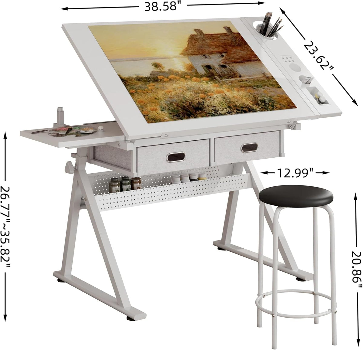 Height Adjustable Drafting Table with Stool, Drawing Art Desk with 2 Drawers, Artist Table with 75Â° Tilted Tabletop, Sketching Painting Artwork Station for Home Office School Reading, Crafting, White
