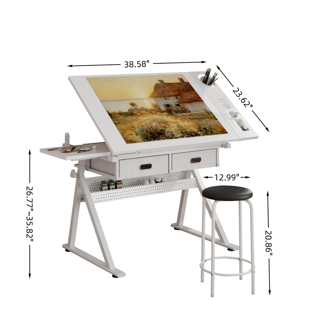 Height Adjustable Drafting Table w/Stool, Painting Table Art Craft Desk Crafting Drawing Desk with Tilting Tabletop, 2 Storage Drawers for Artist Painters (Rustic Brown)