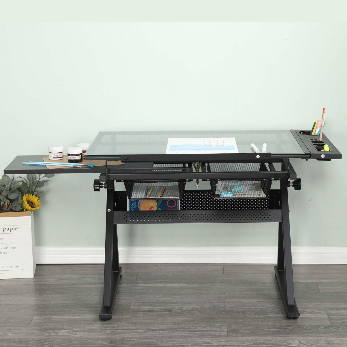 Drafting Table with Storage and Stool, Glass Art Desk for Adults Adjustable Height with 2 Metal Drawers, Craft Drawing Table Artist Desk with Extra Desktop for Reading/Writing/Studying (Black)