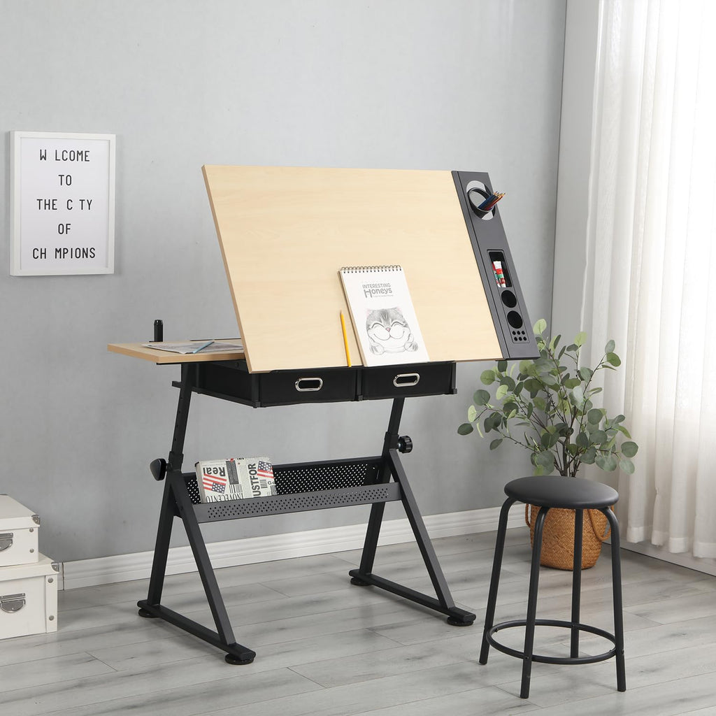 Height Adjustable Drafting Art Table for Adults, White Tempered Glass Drafting Drawing Printing Table Desk with Stool, 0-75Â° Tilting Tabletop Art Drawing Table for Drawing,Hand Crank