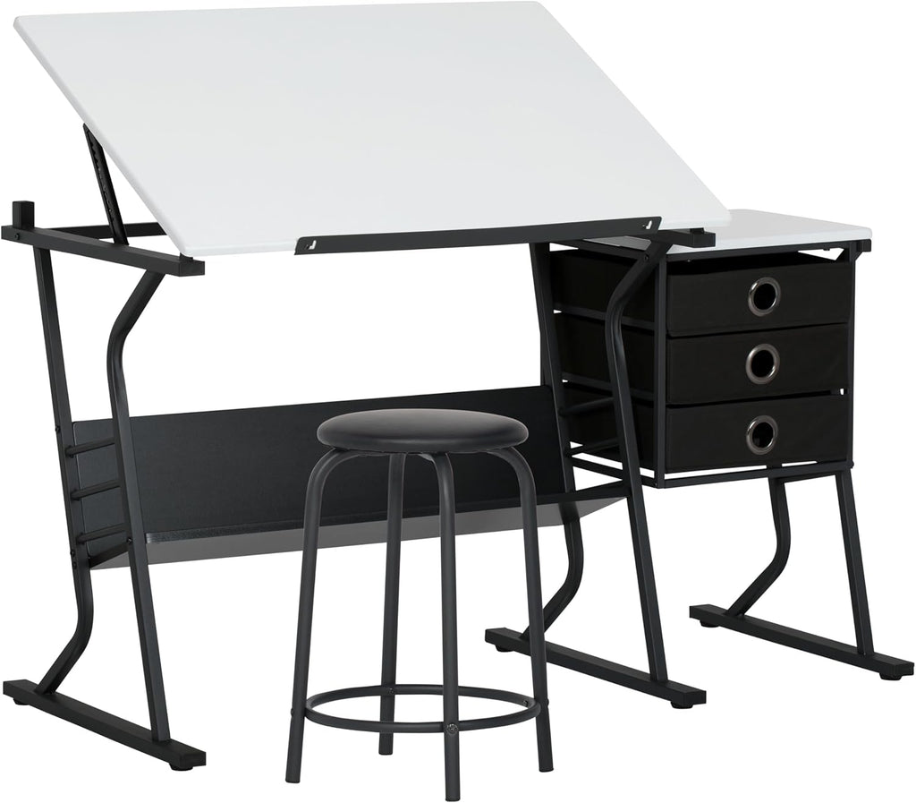 2 Piece Eclipse Ultra Center/Drawing Table with Stool, Angle Adjustable Top, Storage Shelves, and Drawers