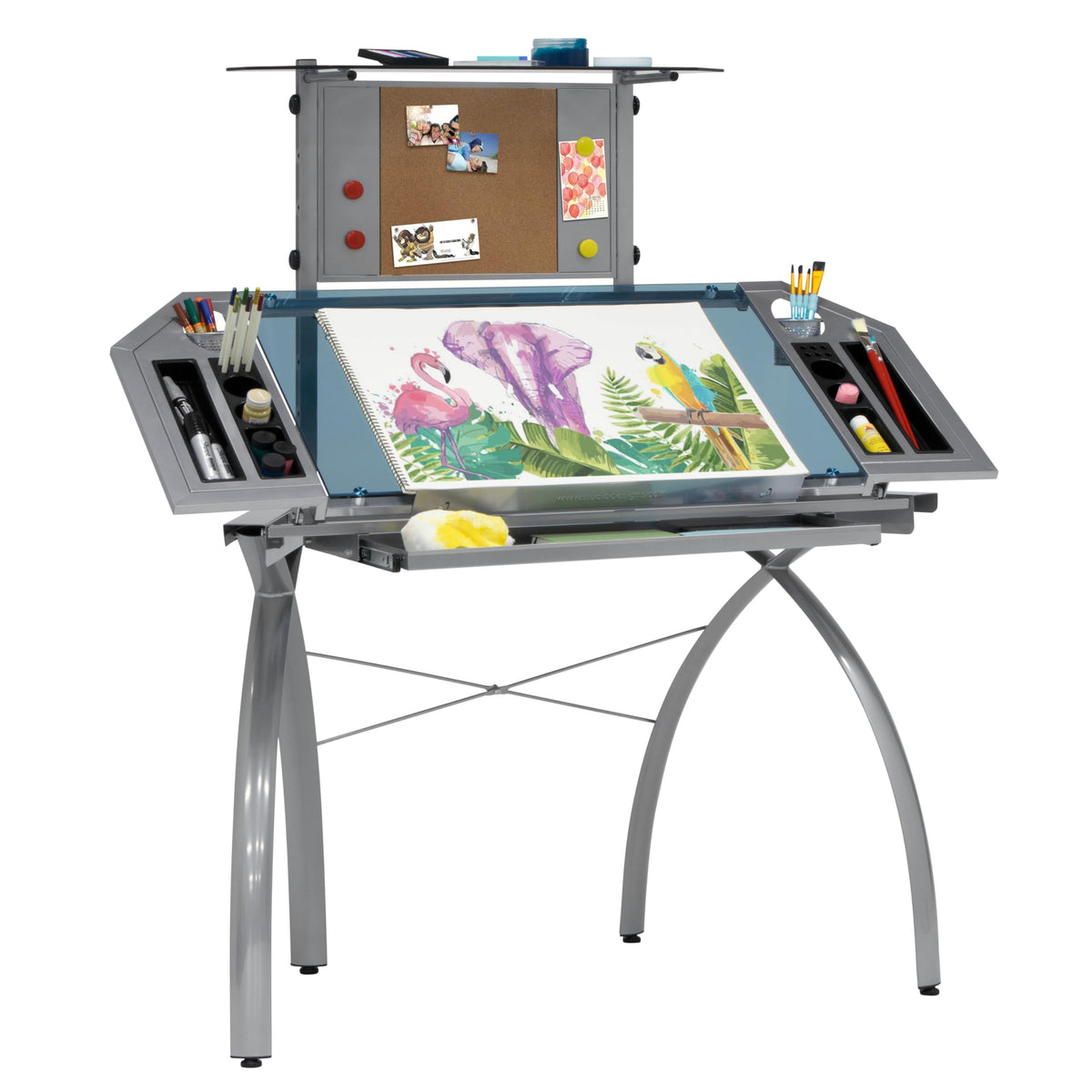 SD STUDIO DESIGNS Futura LS WorkCenter with Tilt Top Adjustable Drafting Table Craft Table Drawing Desk Hobby Table Writing Desk Studio Desk, Silver / Blue Glass