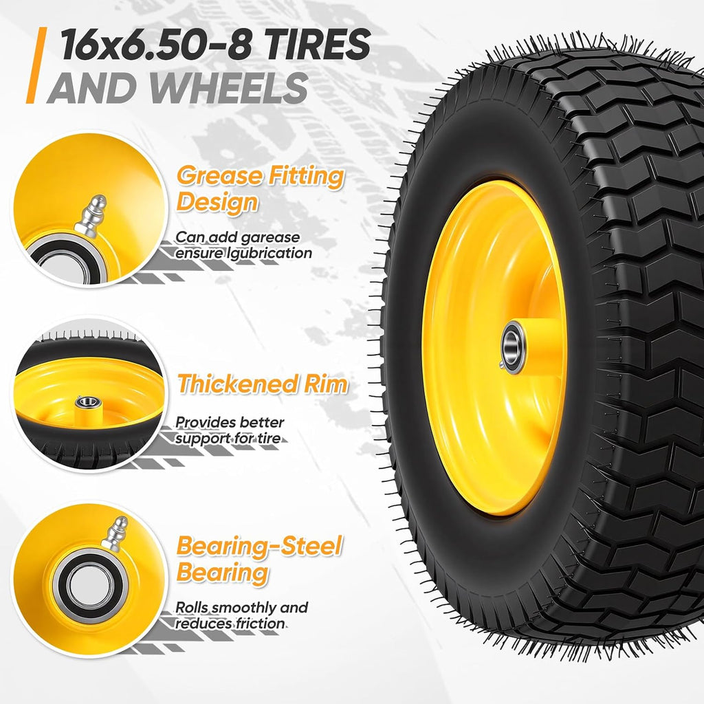 16x6.50-8 Tubeless Tire and Wheel, 16x6.5-8" Lawn Mower Tires, 3/4" or 5/8" Bearing, 3"-4.5" Offset Hub, Fit Riding Mower and Garden Tractor Front Wheels, 4 Ply, Turf Pattern, 2 Pack