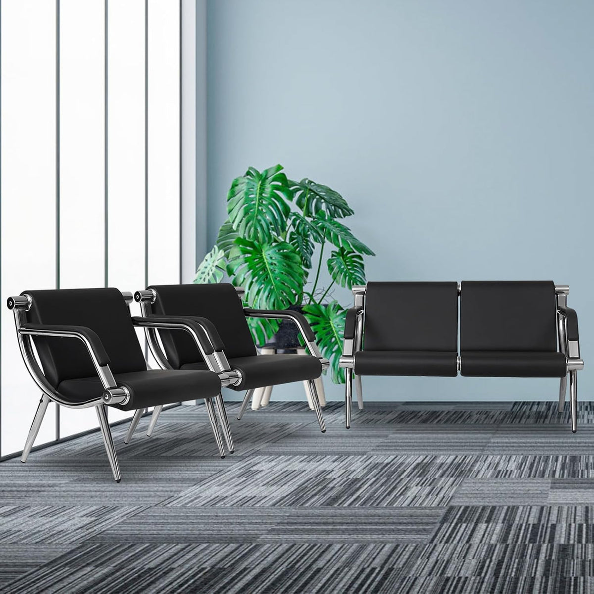 Kinfant Waiting Room Chair- Office Reception Furniture with Armrest and PU Leather Cushion, Office Guest Chair for Waiting Room Airport Hospital Bank Lobby, Black (1 Seat*2+2 Seat)