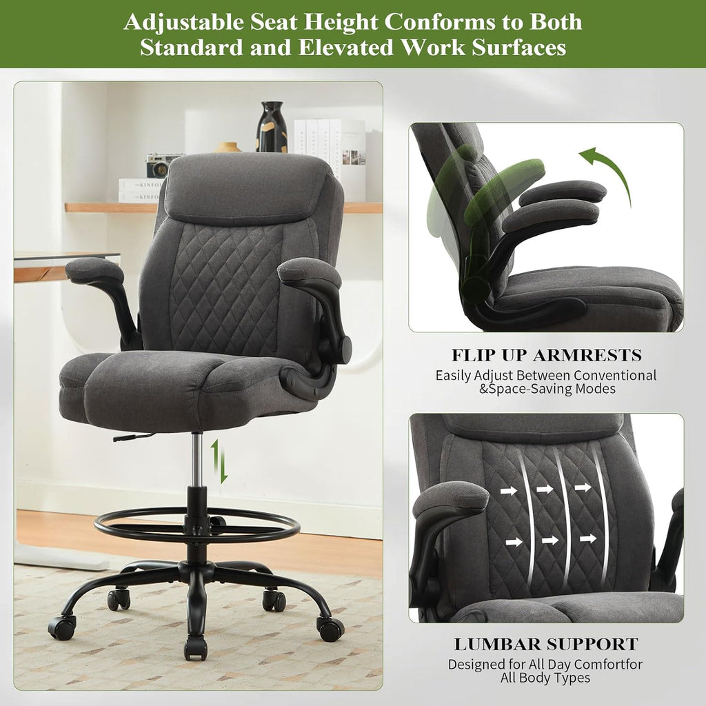 Drafting Chair Tall Office Chair for Standing Desk, Ergonomic Tall Desk Chair with Adjustable Foot Ring, Flip-Up Armrests, Lumbar Support, Swivel Rolling Task Chair for Home Office