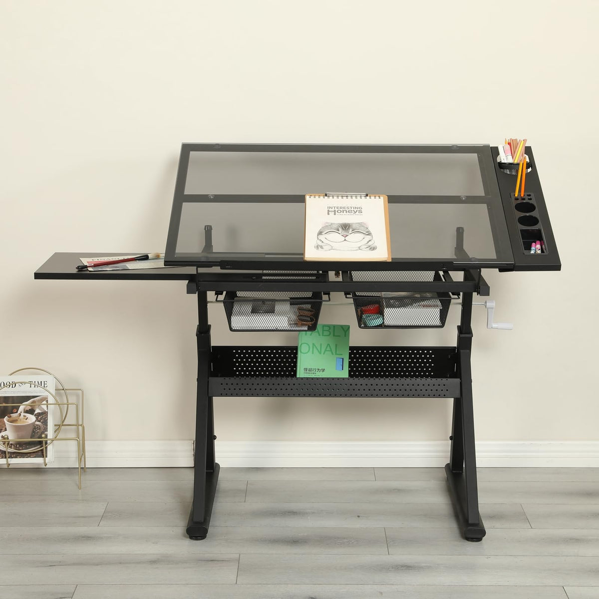 Drafting Table for Artists, Glass Drawing Table with Stool,T1-Black
