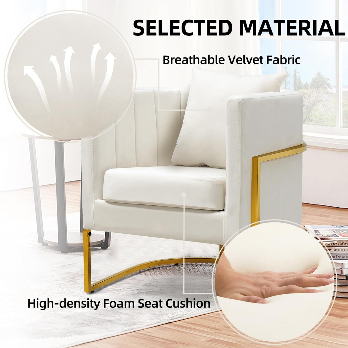 Velvet Accent Barrel Chairs Set of 2, Modern Arm Club Chair Set with Pillow for Living Room/Bedroom/Guest Reception, Channel Tufted, Gold Finish Base, Orange