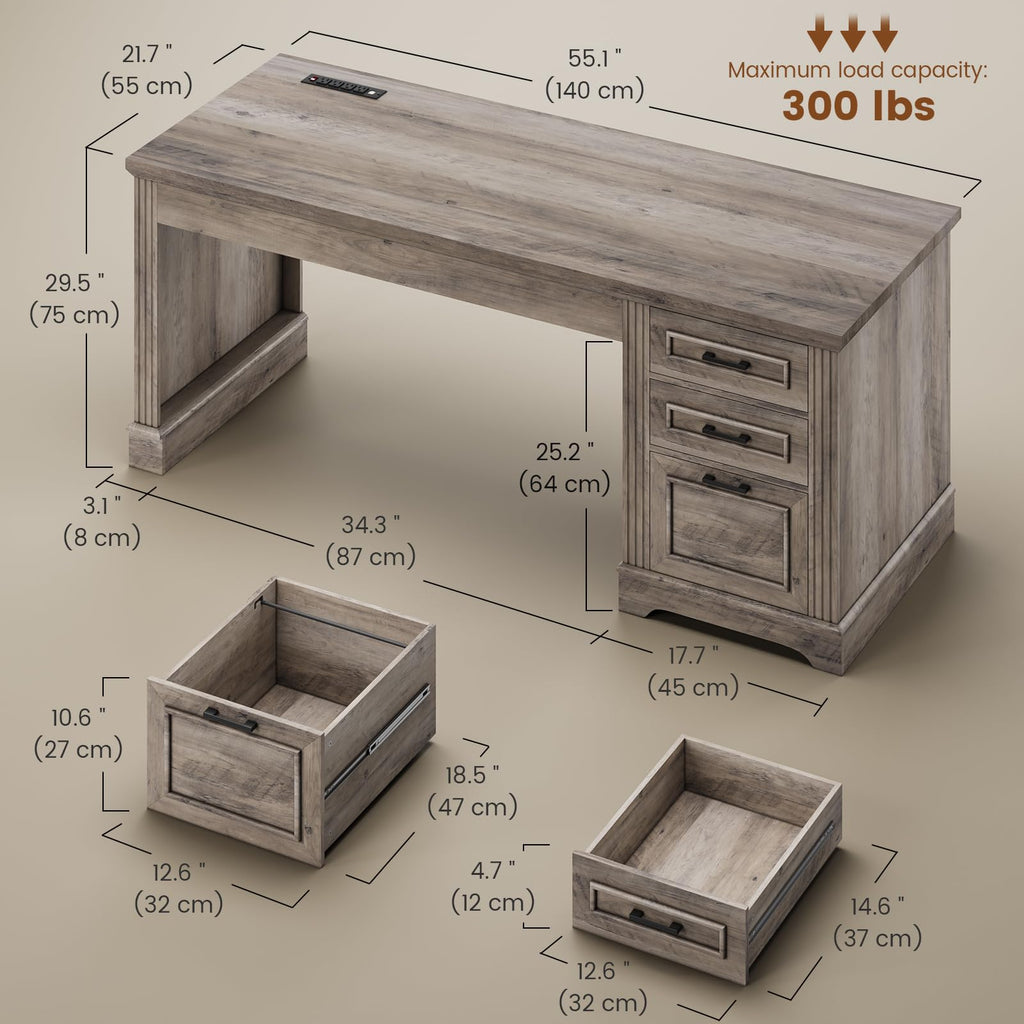 Itaar Farmhouse L Shaped Desk, Executive Computer Desk with Drawers and Storage Cabinet, Home Office Desk with File Drawer and Power Outlet, Corner Desk, Workstation for Office Home, Grey
