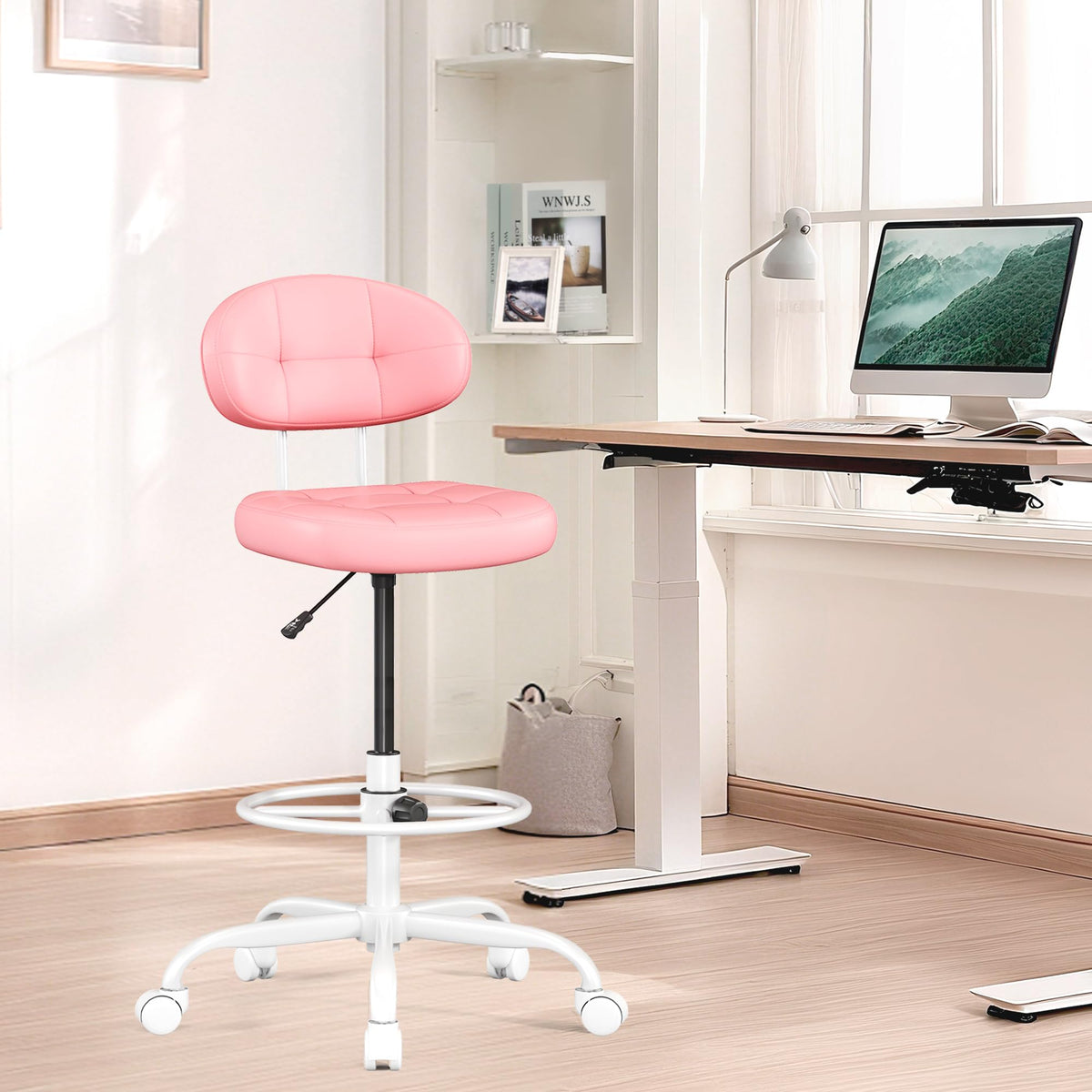 Misolant Drafting Chair, Armless Tall Office Chair with Footrest Ring for Standing Desk, Small Faux Leather Executive Computer Chair with Adjustable Height for Bar Lab Counter Height Desk, Green