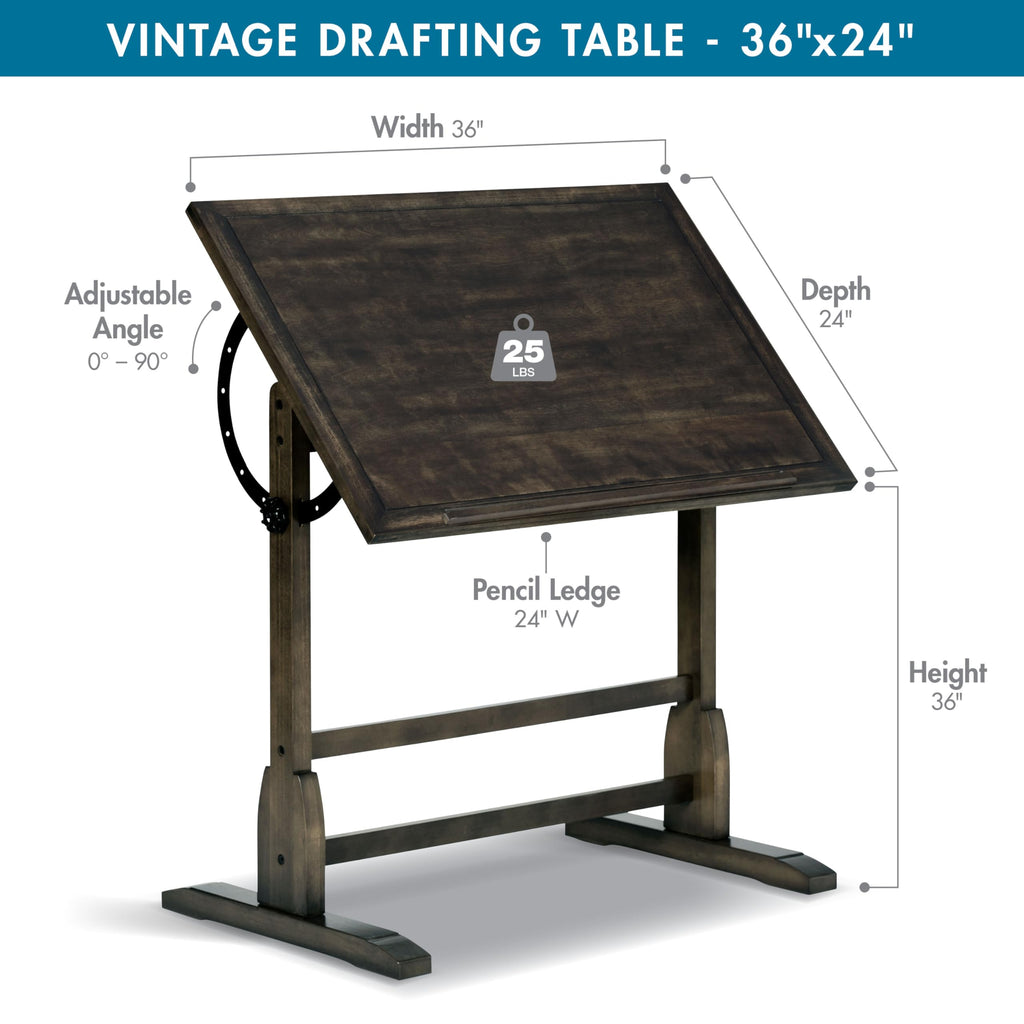 Studio Designs Vintage Drafting Table - Antique Design Solid Wood Drafting Table with Built-In Pencil Groove and Pencil Ledge - Angle Adjustable Work Surface
