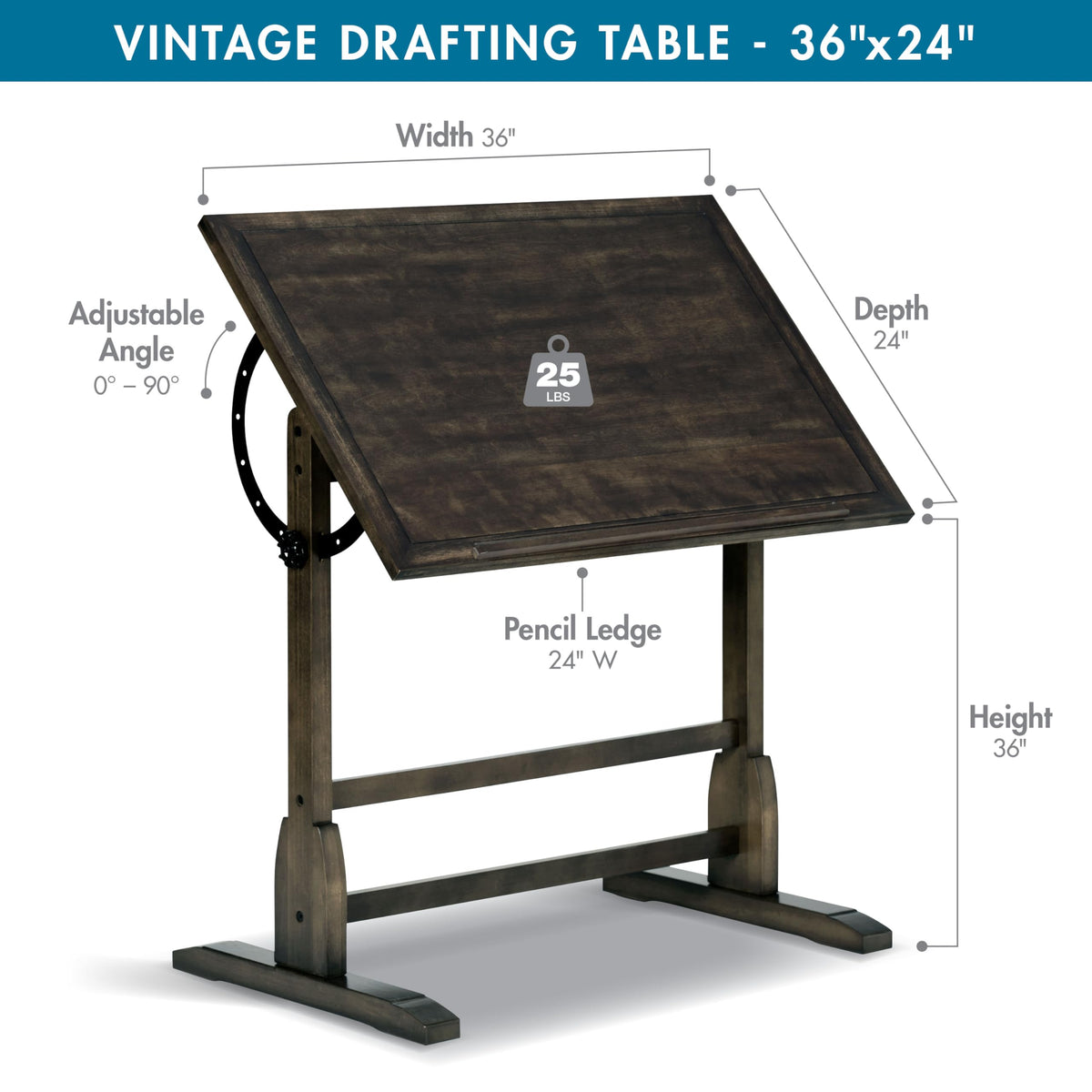 Studio Designs Vintage Drafting Table - Antique Design Solid Wood Drafting Table with Built-In Pencil Groove and Pencil Ledge - Angle Adjustable Work Surface
