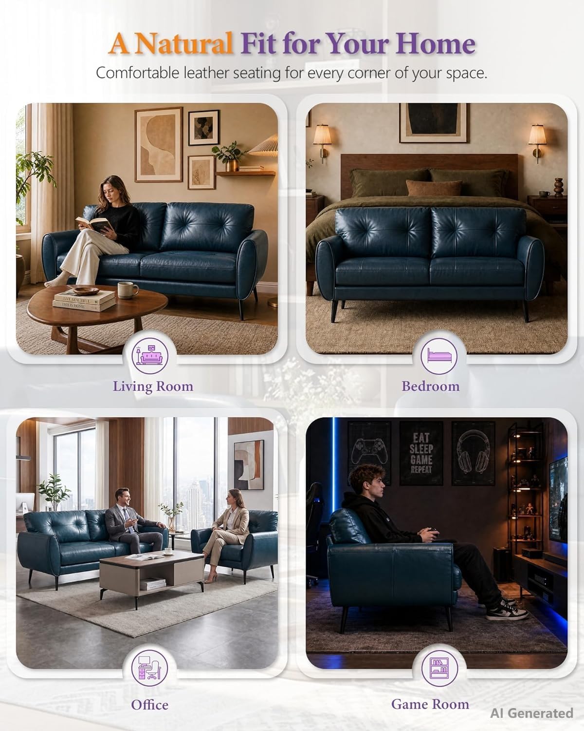 61'' Small Leather Loveseat and Chair, 3 Piece Living Room Sets, Black