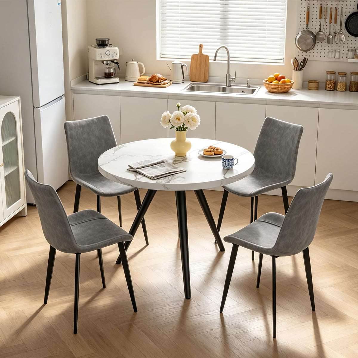34.6" Round Dining Table Set for 4, Modern Kitchen Coffee Table Set, Walnut