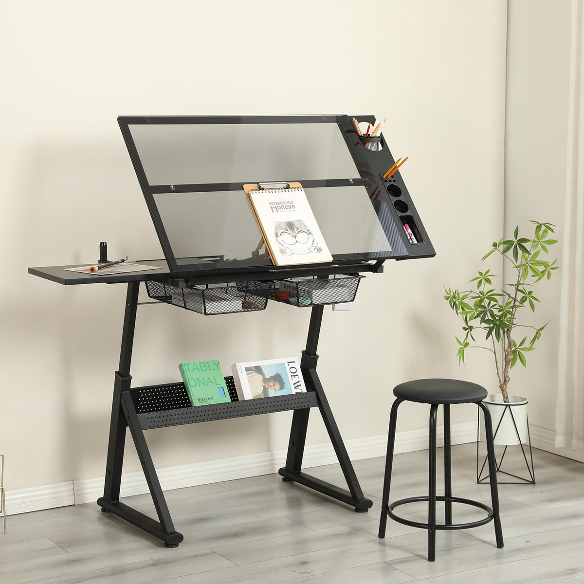 Height Adjustable Drafting Art Table for Adults, White Tempered Glass Drafting Drawing Printing Table Desk with Stool, 0-75Â° Tilting Tabletop Art Drawing Table for Drawing,Hand Crank