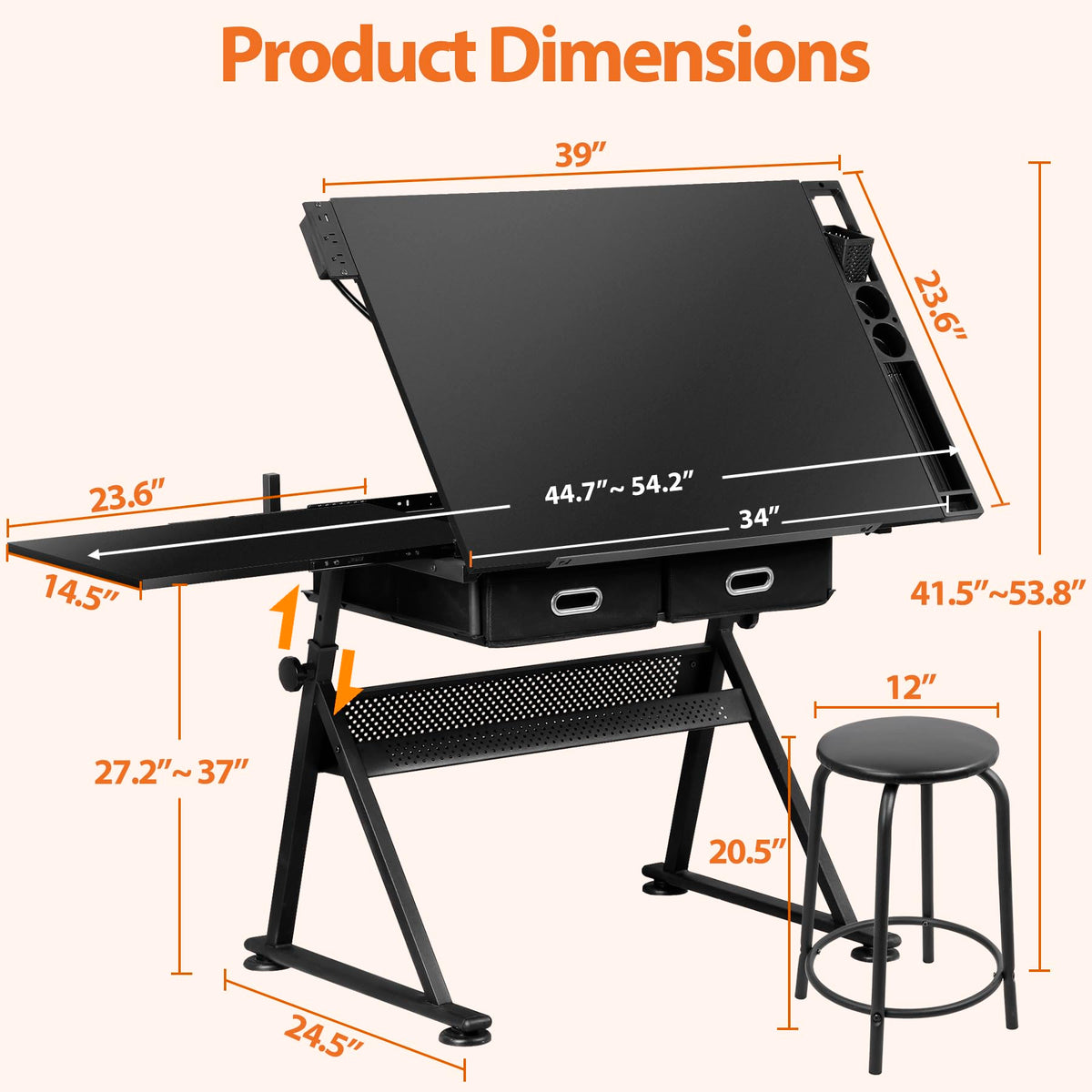 SUPER DEAL Drafting Table Set with Charging Station, Height Adjustable Tilting Drawing Desk Artist Desk with Stool Multifunctional Art Craft Workstation with 2 Storage Drawers for Home Office School