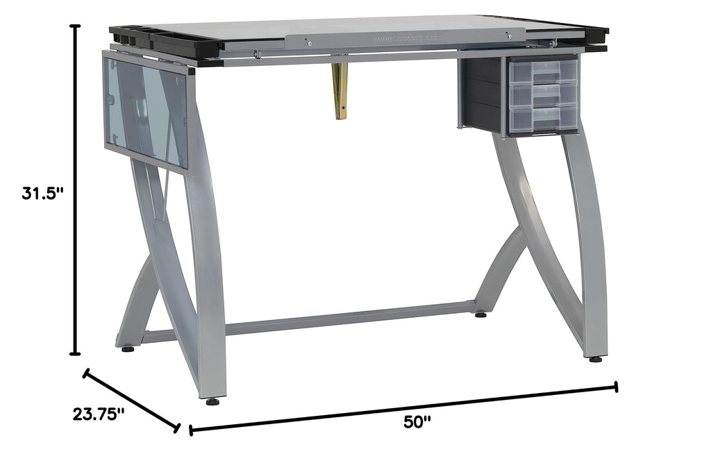 SD STUDIO DESIGNS Futura Luxe Drawing, Drafting, Craft Table with Drawer, 35" Wide Angle Adjustable Top and Side Shelf, Pewter Grey/Clear Glass