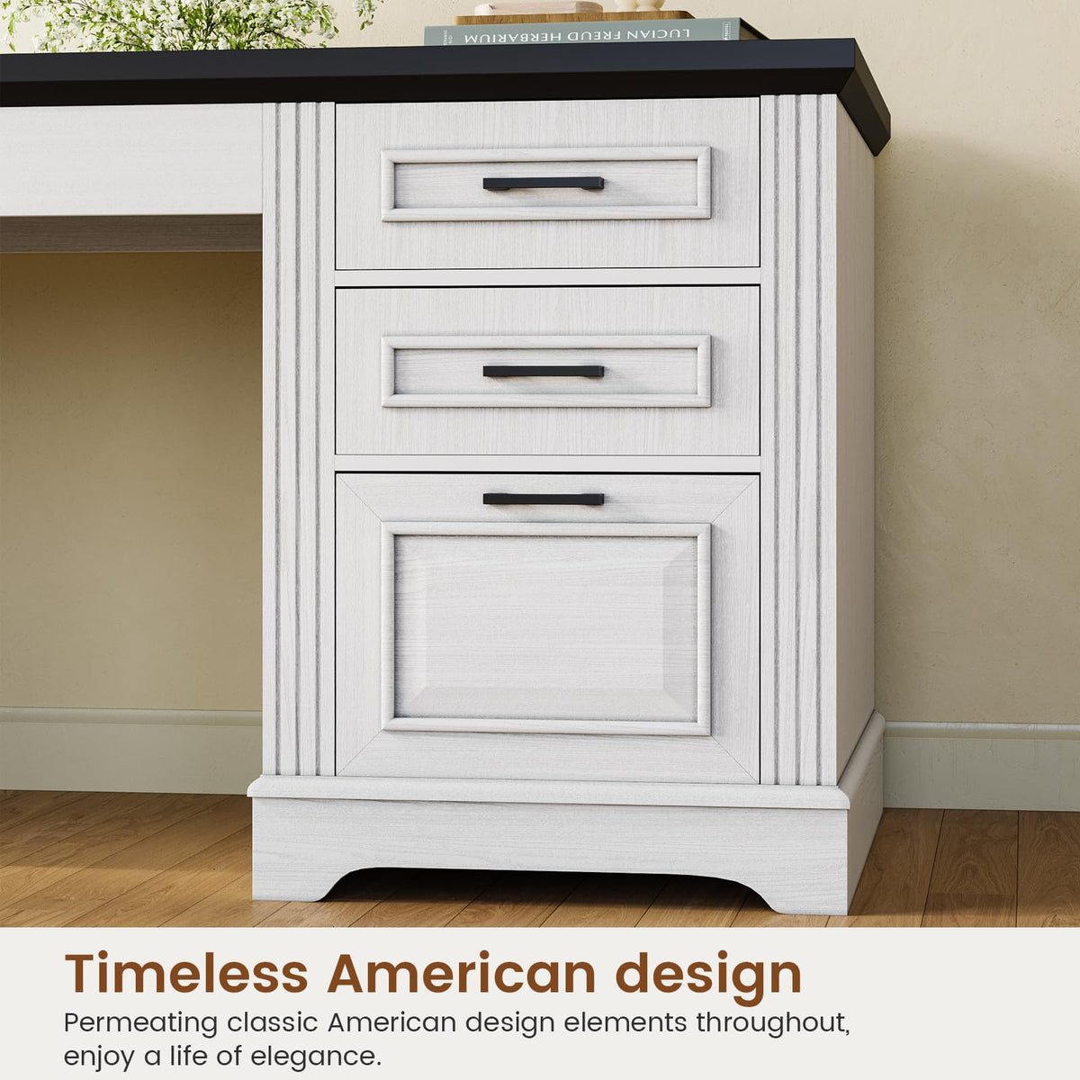 Itaar Farmhouse L Shaped Desk, Executive Computer Desk with Drawers and Storage Cabinet, Home Office Desk with File Drawer and Power Outlet, Corner Desk, Workstation for Office Home, Grey