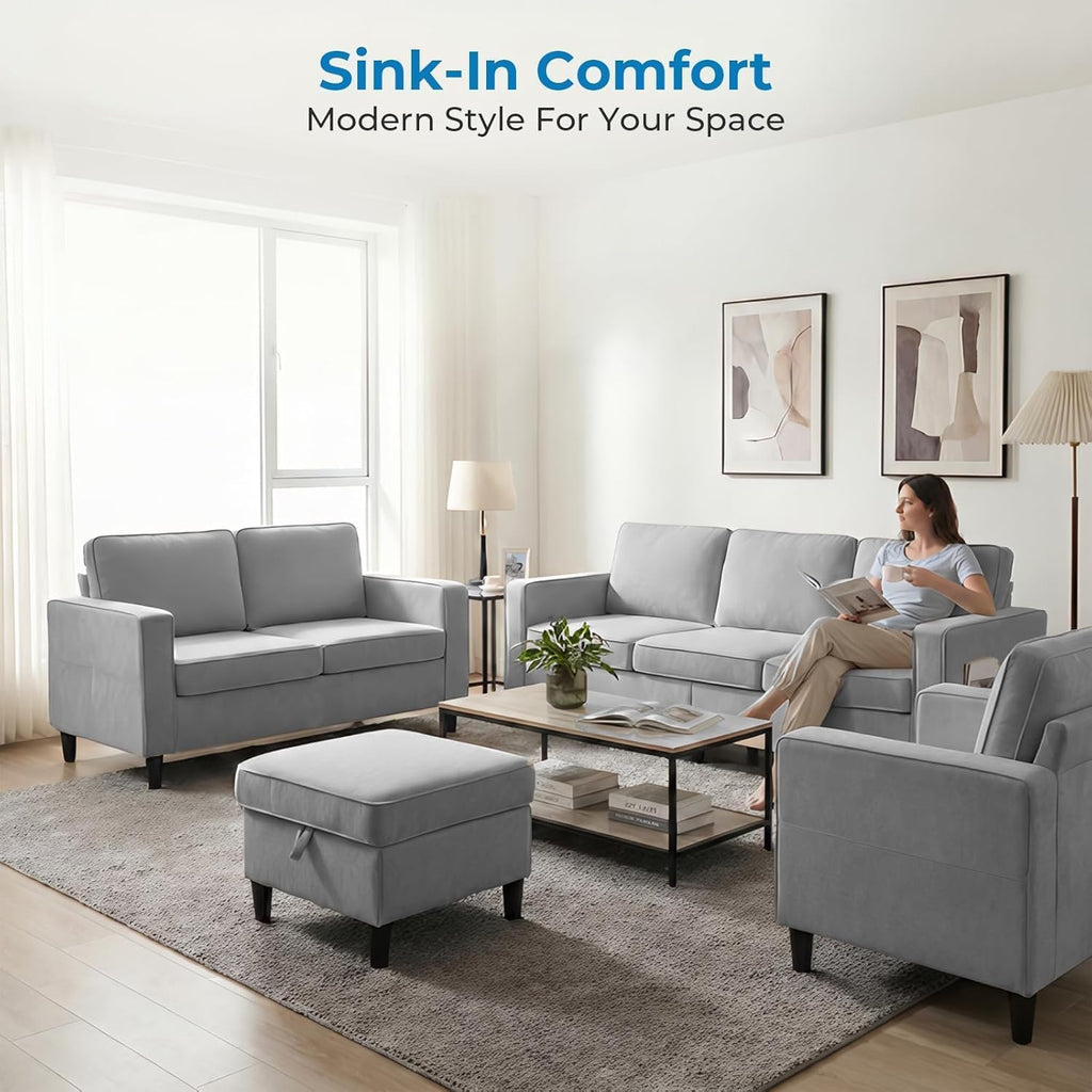 Mjkone 78"W 3 Pieces Sofa Couches Set for Living Room Sets Furniture, Sectional L Shaped 3-Seater Small Sofas Couch and Loveseat Sets with Storage Ottoman and Side Pockets for Home Office, Light Gray