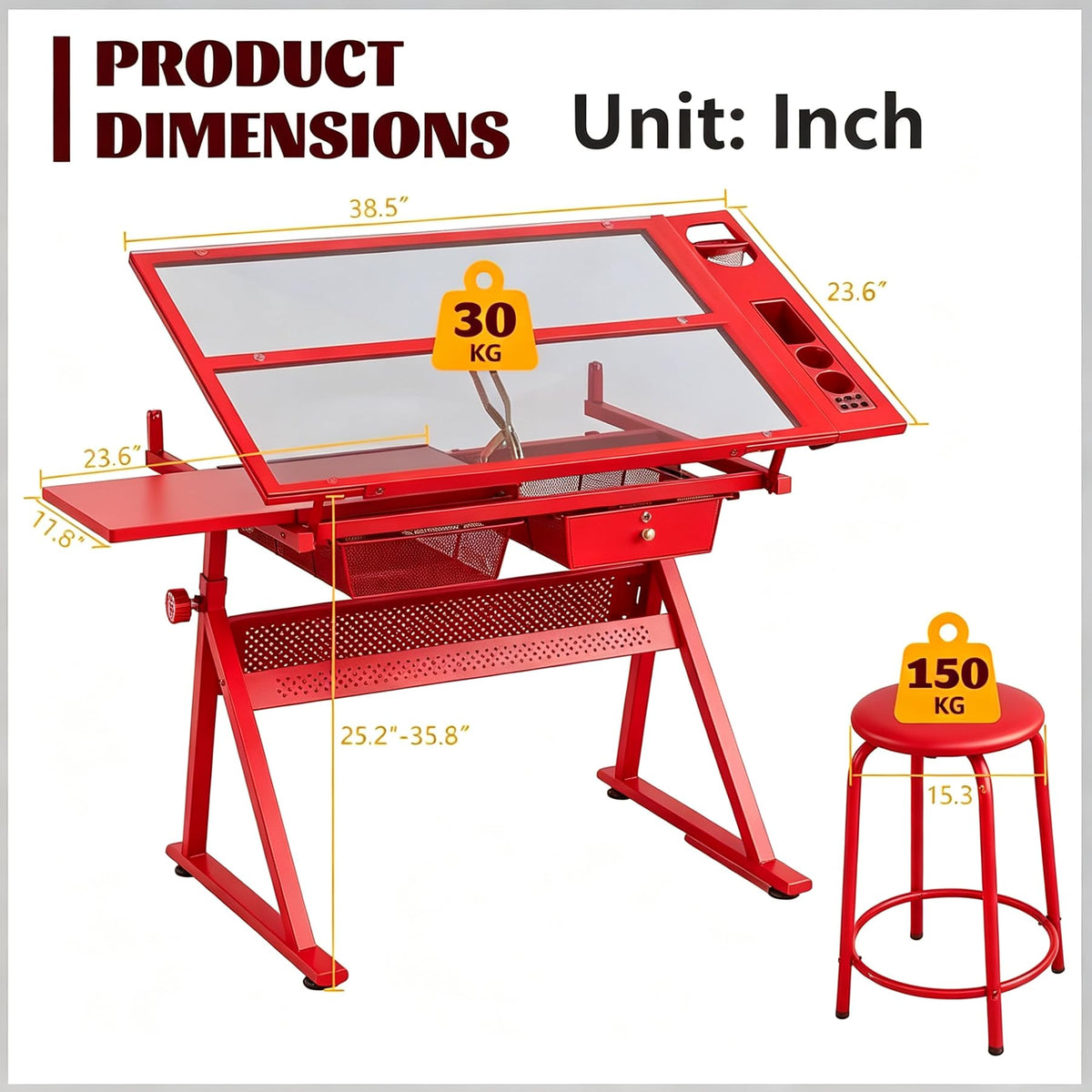 Drafting Table, Adjustable Height Drawing Table Art Table Painting Table Art Craft Desk with 0-75Â° Tilting Glass Tabletop and Storage Drawers, Black